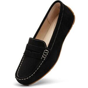 Kordal Women's Black Suede Gold Accent Buckle Slip-Ons Walking Flats Loafers